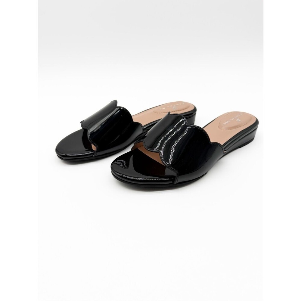 Bandolino Kayla Scalloped Patent Demi Wedge Slide Sandals Black 5 NEW